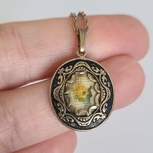 Vintage Victorian Embroidered Cross Stitch Floral Mourning Gold Pendant Necklace